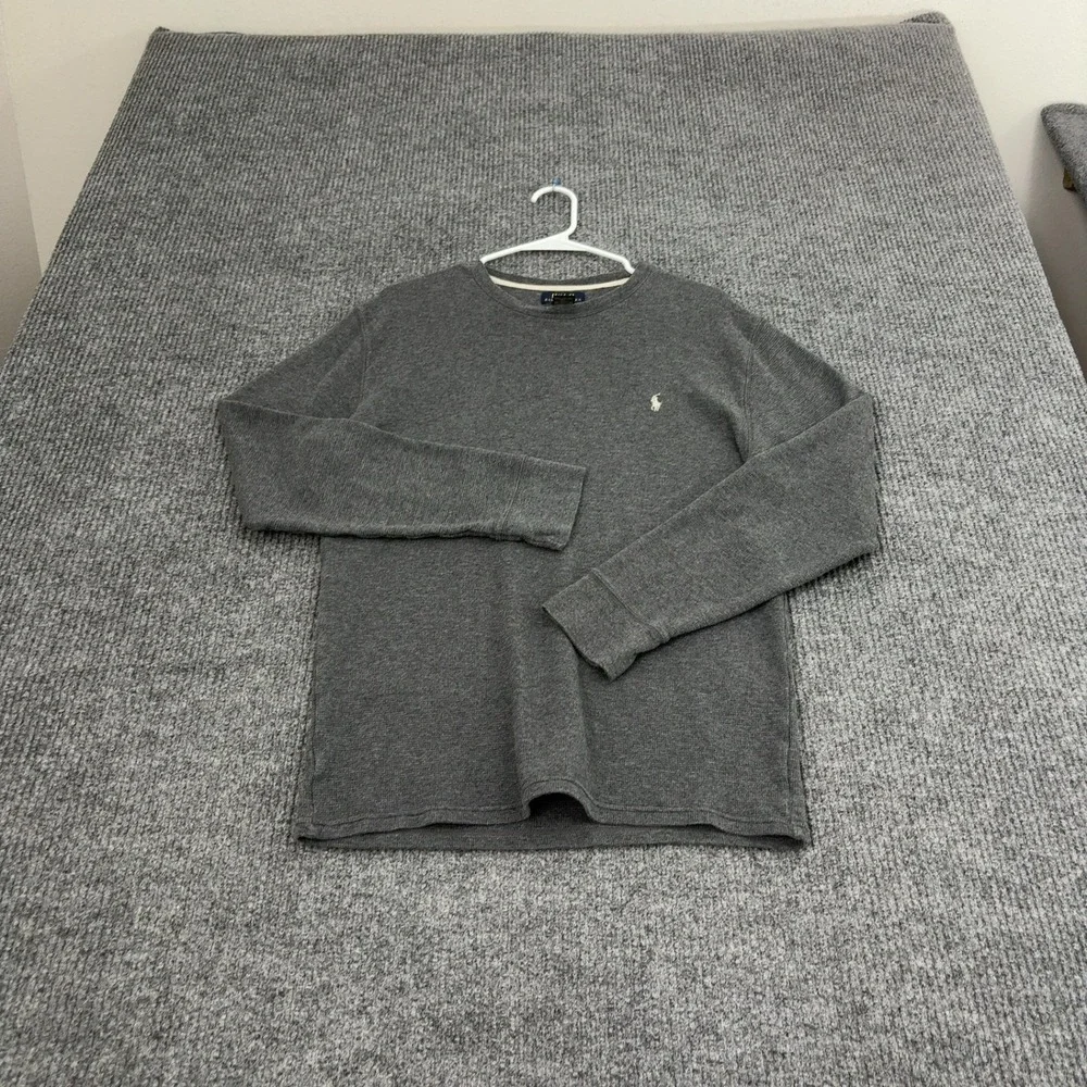 Polo Ralph Lauren Shirt Mens L Grey Cotton Waffle Knit Thermal Crewneck Casual